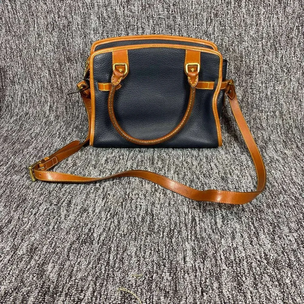 Vtg Dooney Bourke All Weather Leather Cavalry Satchel Bag Navy British Tan Purse